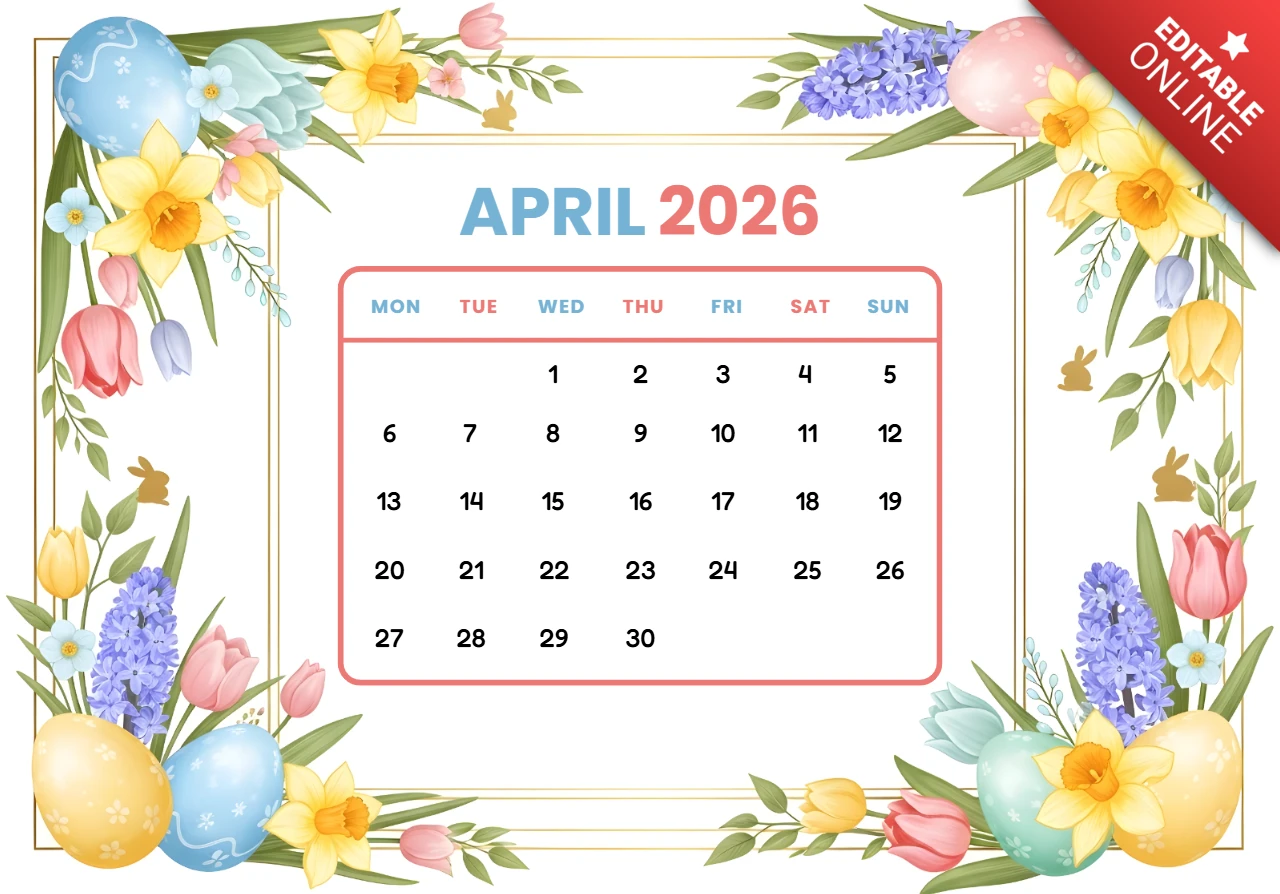Tulips, Daffodils, Hyacinths, Easter Eggs, Bunny Silhouettes, and Decorative Calendar Design April 2026 Calendar Poster