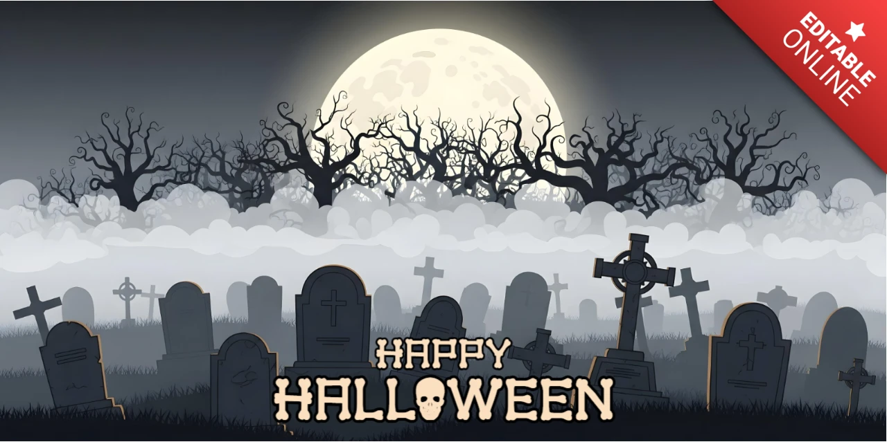 ハロウィンの夜の墓地シーン、頭蓋骨テーマの挨拶と月の光のYouTubeカバーデザインテンプレート