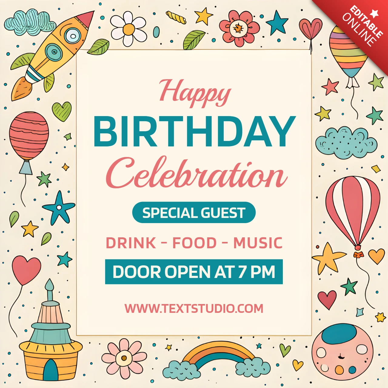 Design del template per una celebrazione di compleanno fantasiosa con illustrazioni colorate