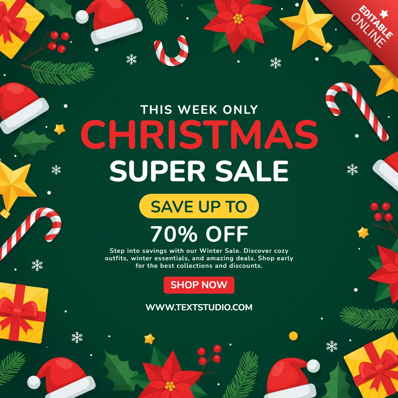 Christmas Marketing Template Holiday Themed Sale Poster with Stars, Pine Branches, and Festive Glow