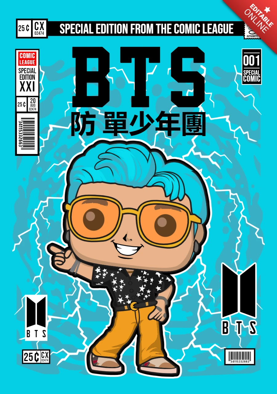 Dynamite BTS Cartoon Character Magazine Cover Design Template