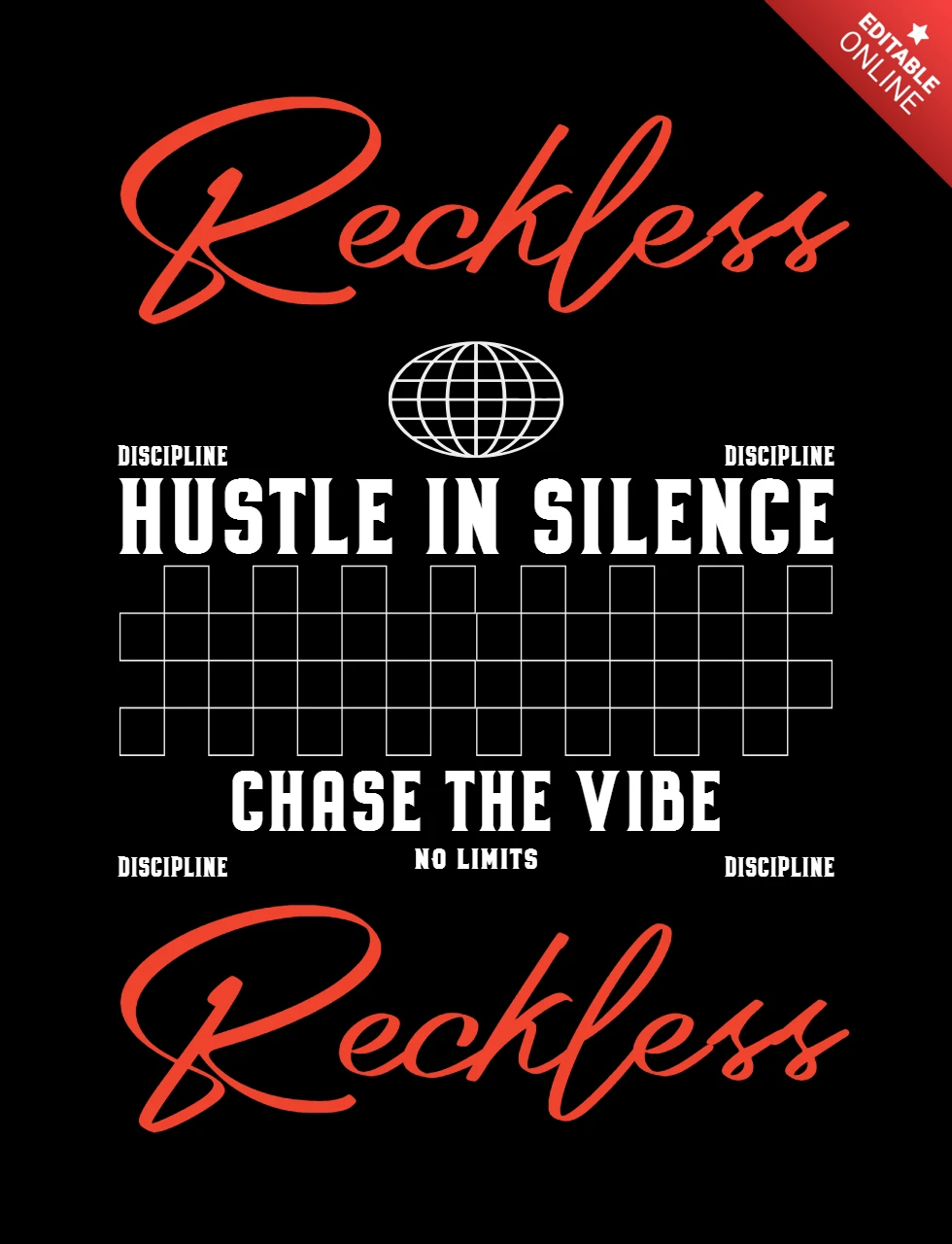 HUSTLE IN SILENCE Motivational Globe Graphic with Grid Pattern & Bold Typography T-Shirt Design Template