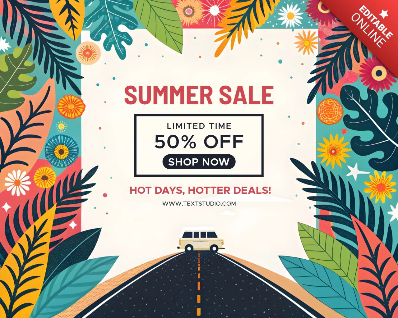 Vibrant Summer Sale Template Design with Floral Elements