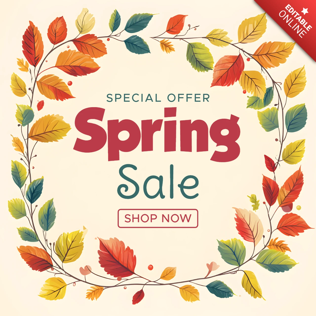 Modèle de vente de printemps avec couronne de feuilles colorées