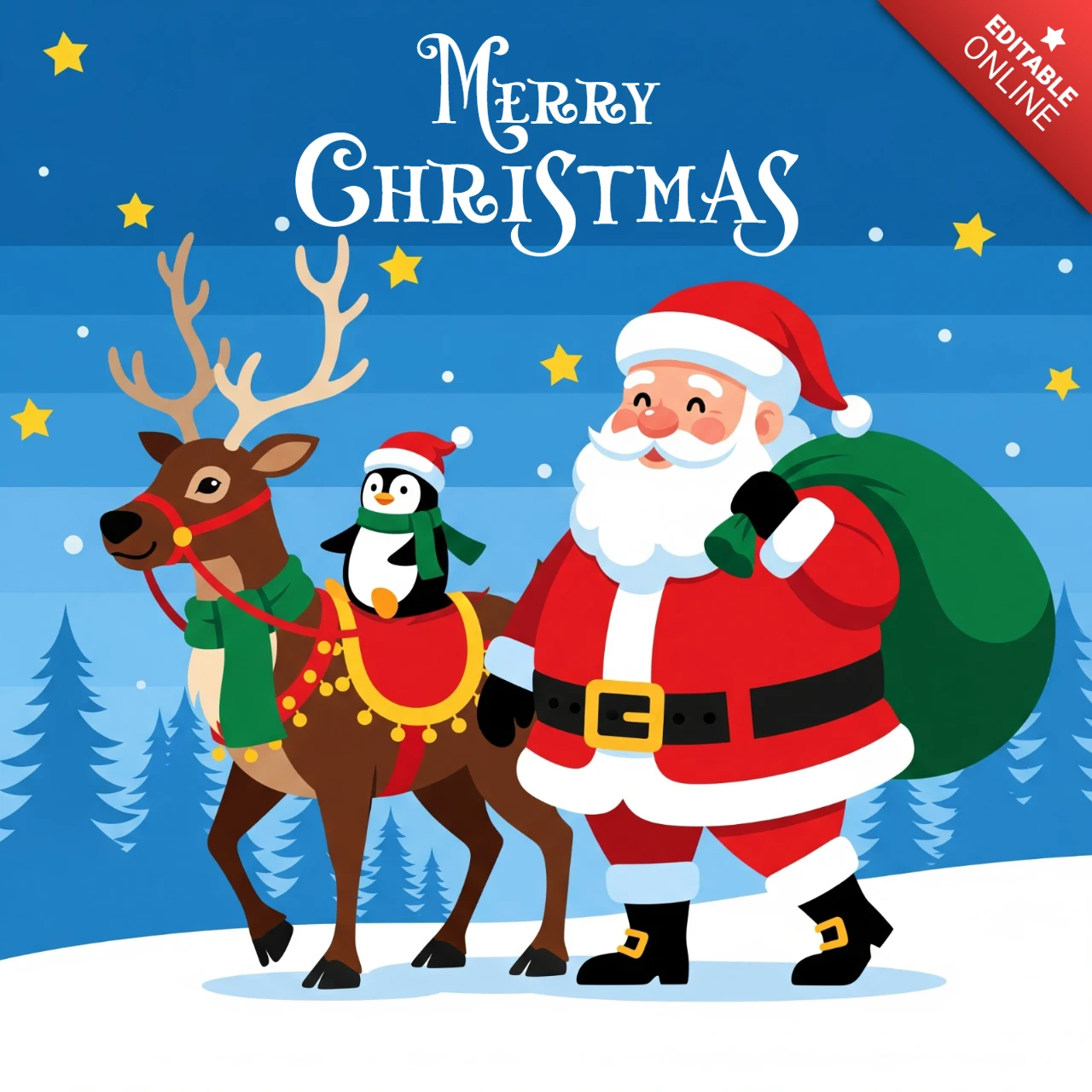 Merry Christmas Card Santa, Reindeer, and Penguin in Winter Wonderland with Stars and Snowflakes Poster Design Template