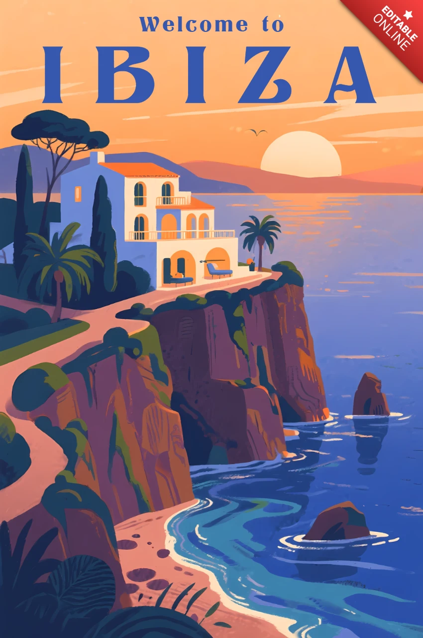 Lebhaftes Ibiza-Landschaftsdesign-Template für Reiseposter