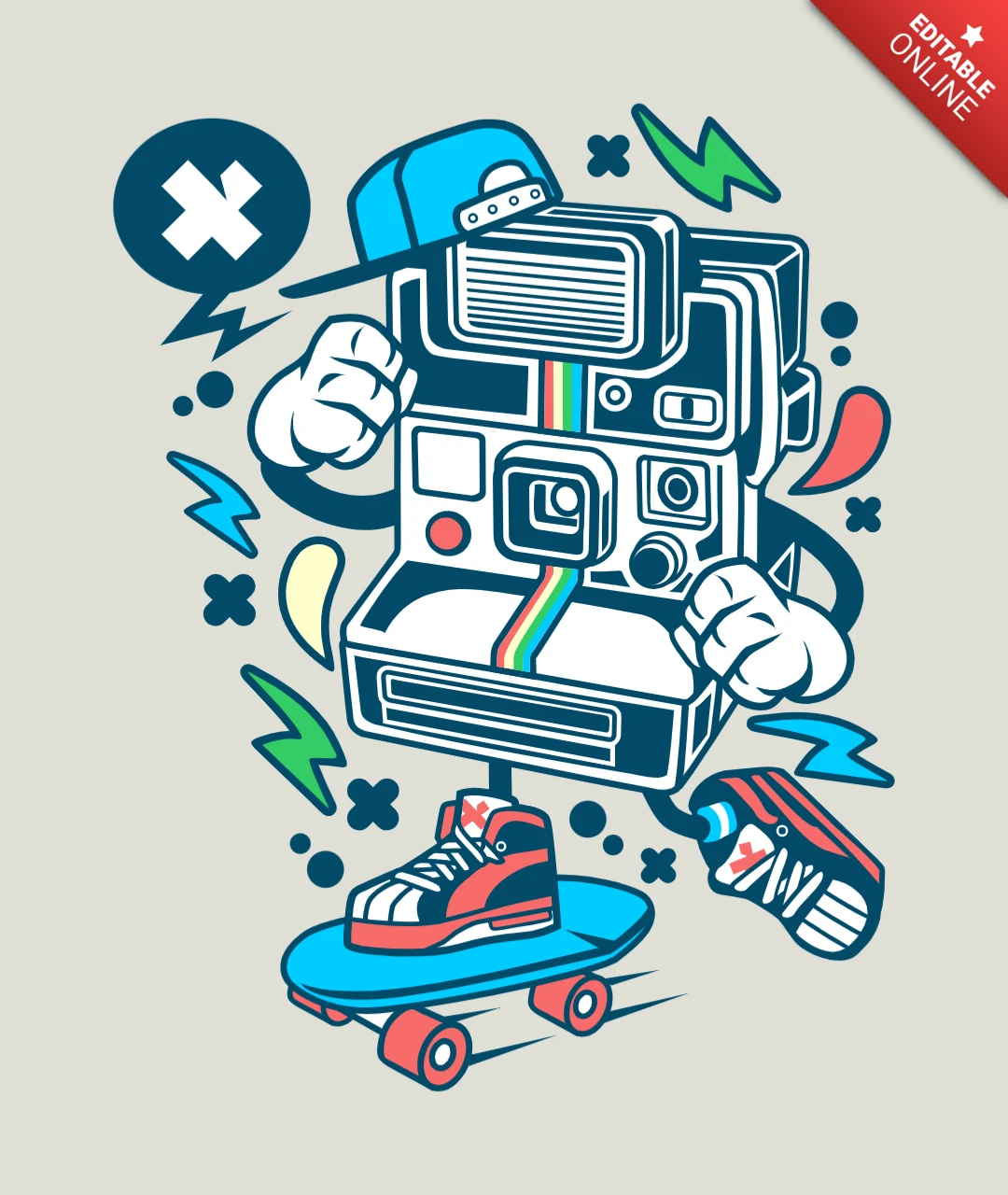 Polaroid Skater Cartoon Character T-Shirt Design Template