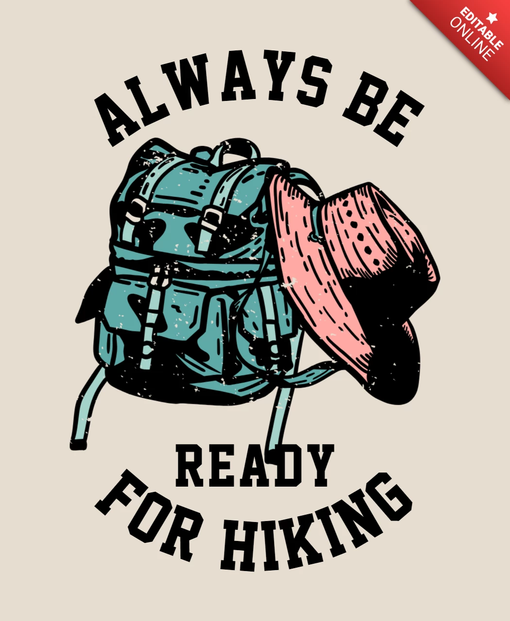 Hiking with Hiking Bag and Hiking Hat Vintage T-shirt Design Template