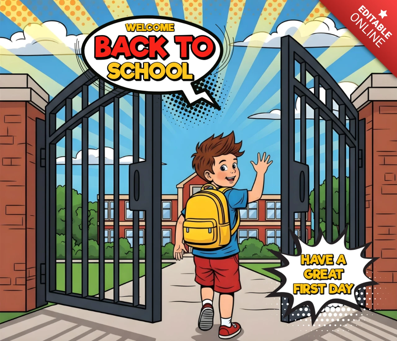 Welcome Back to School Student Walking Through Gate Toward School with Raised Hand and Backpack Poster Design Template