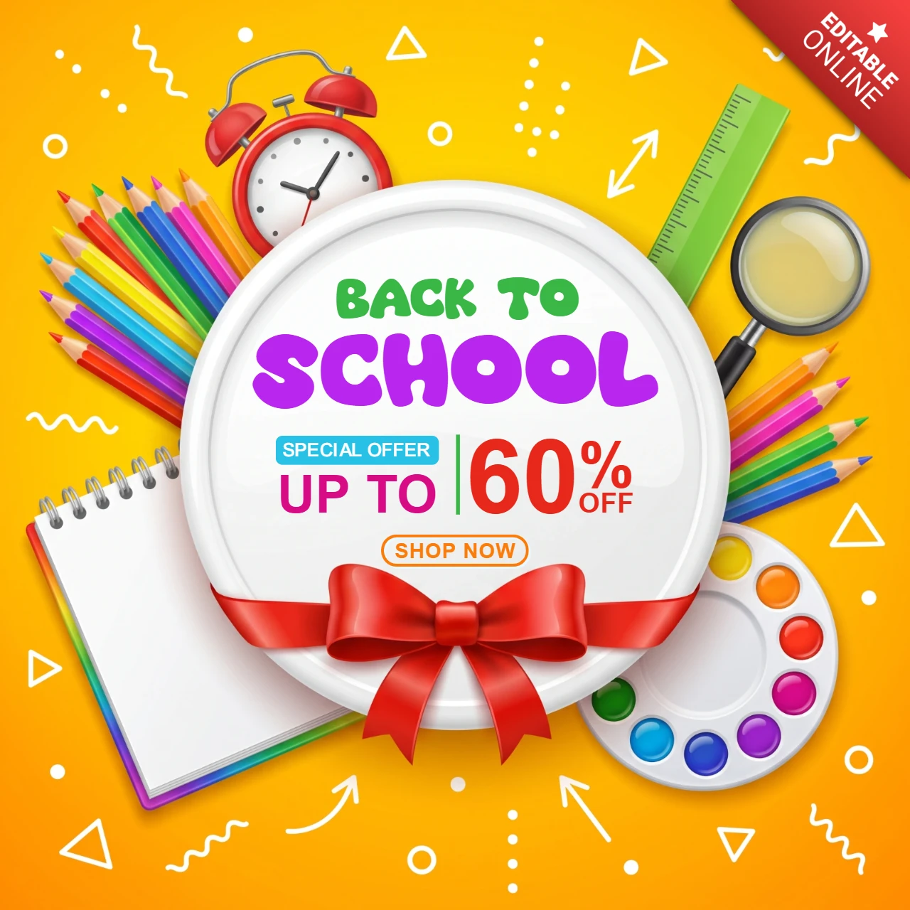 Back to school sale banner with colorful school supplies and sixty percent discount offer on a yellow background