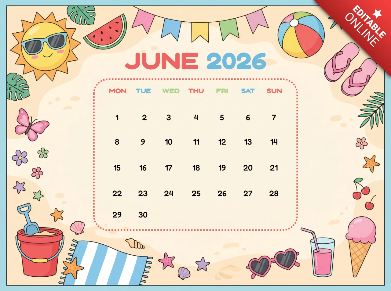 Calendrier d'été de juin 2026 avec des lunettes de soleil, un soleil, des pastèques, des tongs et des feuilles tropicales.
