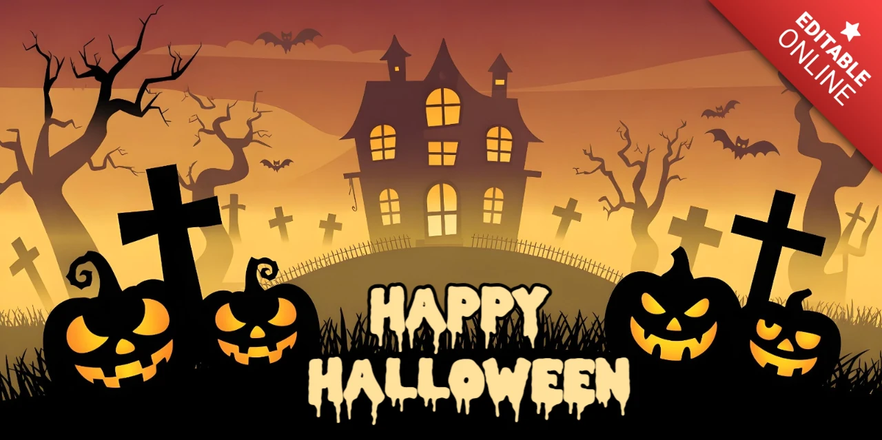 Happy Halloween Dripping Font, Graveyard Scene & Sinister Jack-o'-Lanterns Facebook Cover Design Template