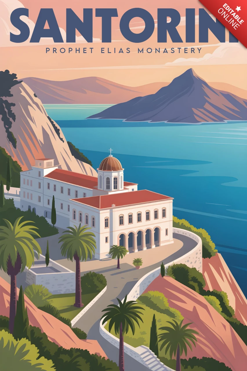 Prophet Elias Kloster mit Sonnenuntergang, Meerblick und Palmen Santorini Reiseposter Designvorlage