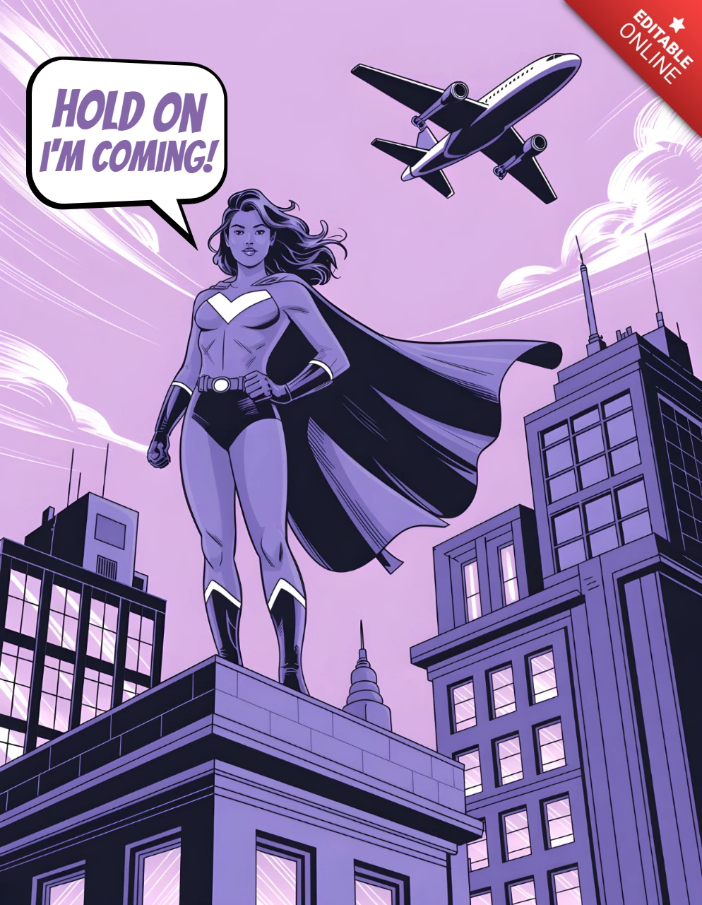 Plantilla de diseño de póster de arte de cómic de paisaje urbano de superhéroes "espera, ya voy" con avión volador y horizonte.