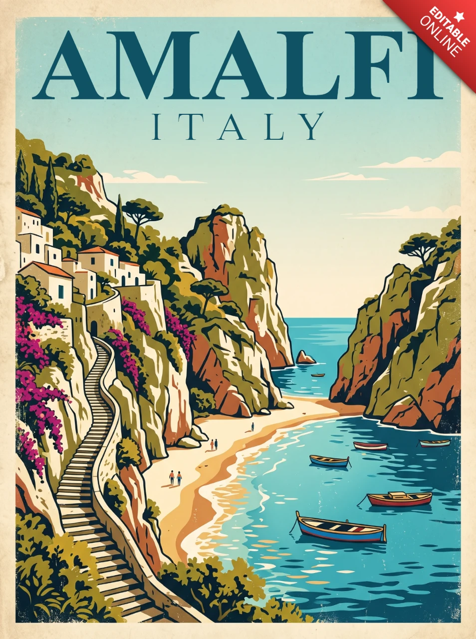 Amalfi Italien Mittelmeerküste Vintage Retro Reiseposter dramatische Klippen bunte Villen Sandstrand Ozean Design