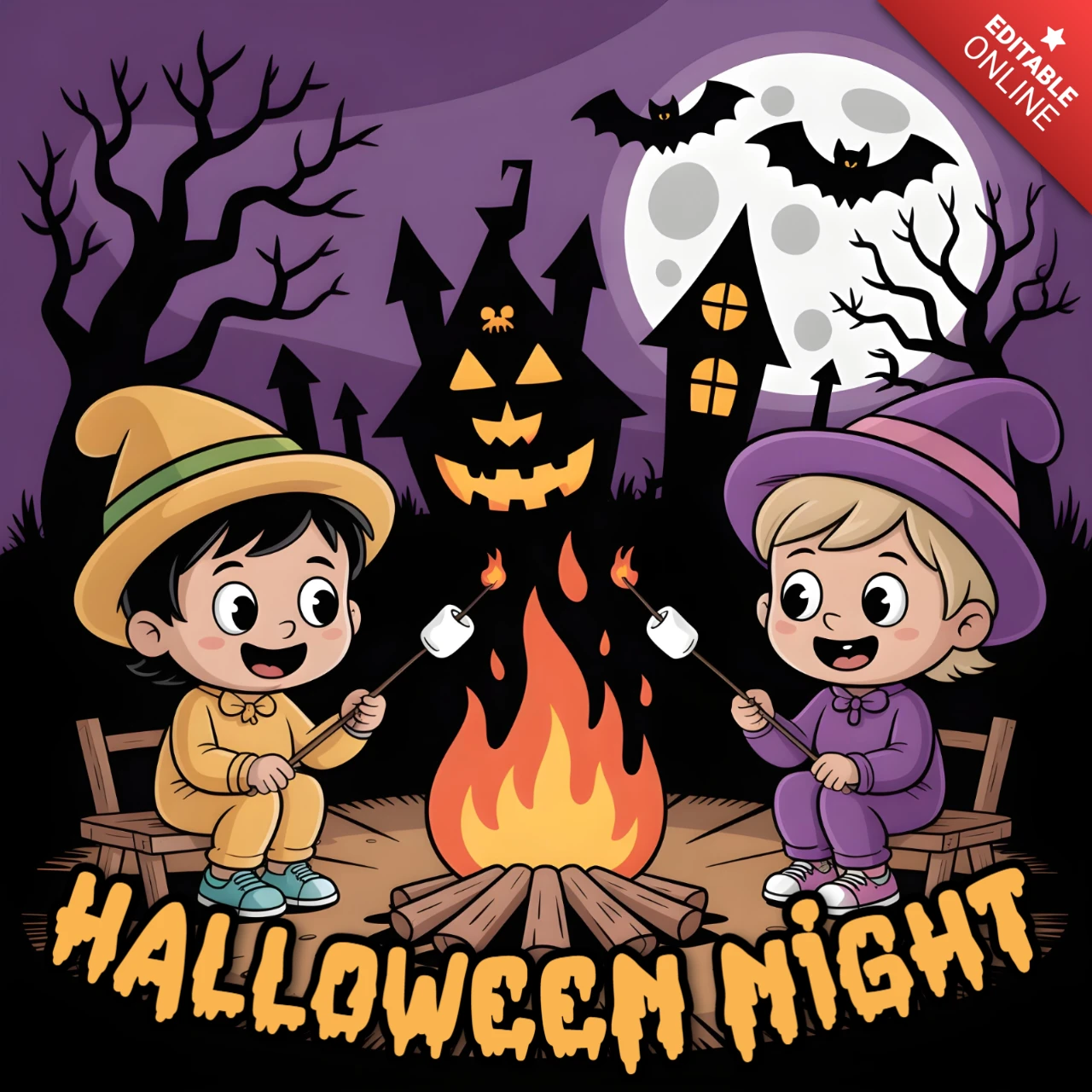 Halloween Trick-or-Treat Campfire Gathering with Kids in Costumes & Spooky Backdrop Design Template for Festive Flyers