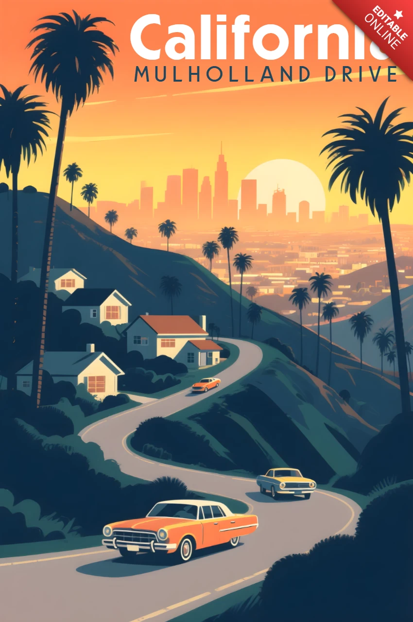 Tramonto californiano su Mulholland Drive design per merchandising retro flat