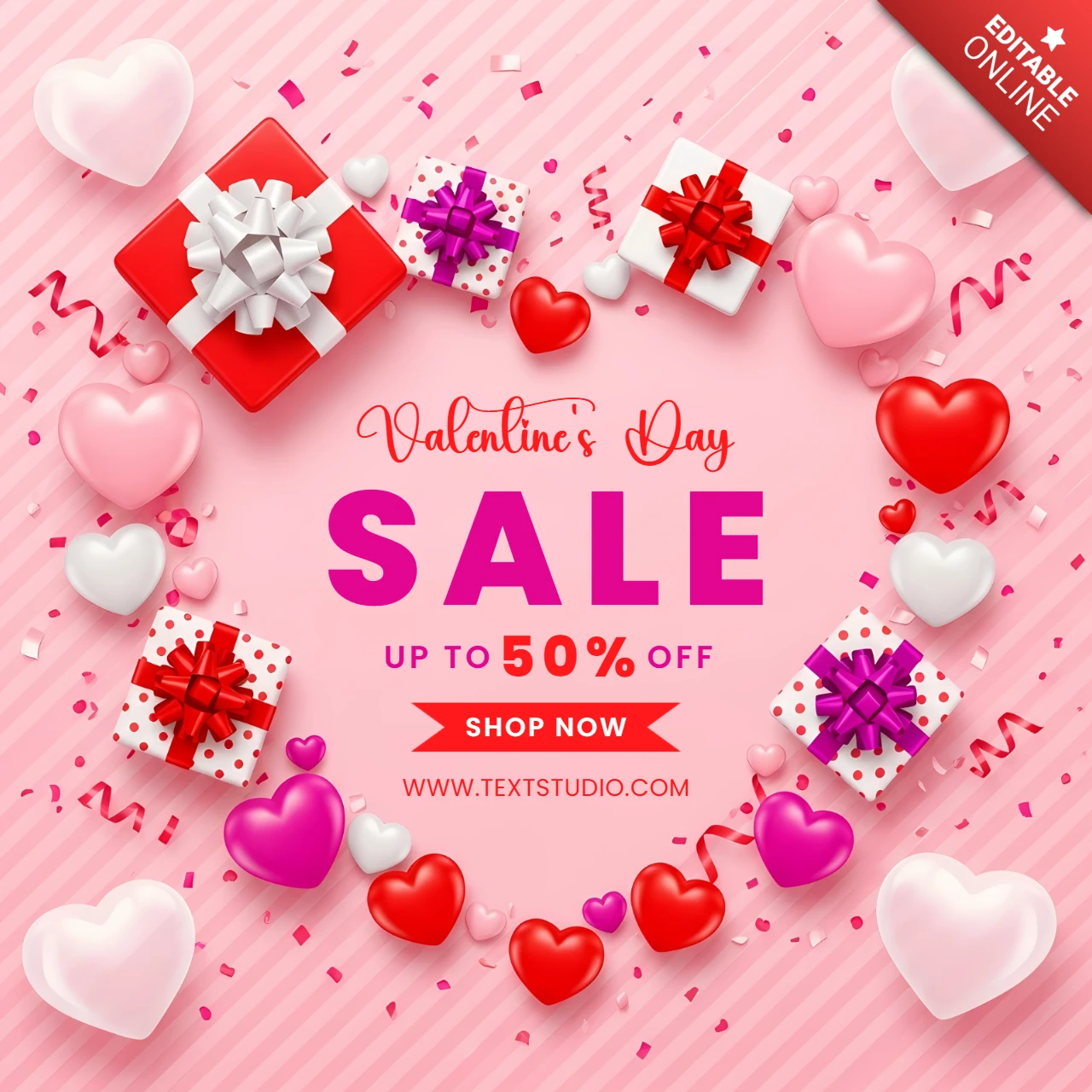 Valentinstag Verkaufsdesignvorlage mit Geschenken und Herzen für Werbeflyer