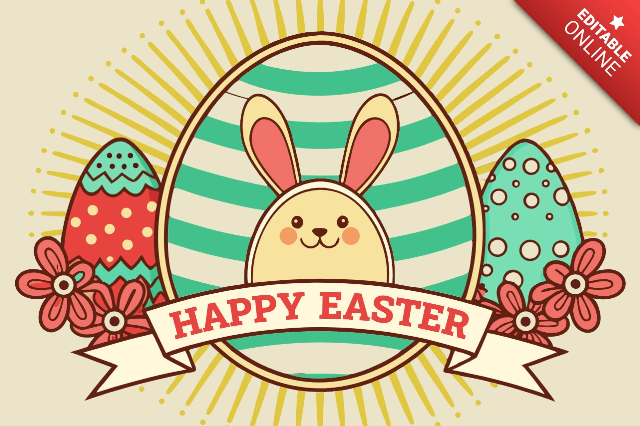 Vintage-Osterhase Design-Vorlage mit bunten Eiern und floralen Elementen