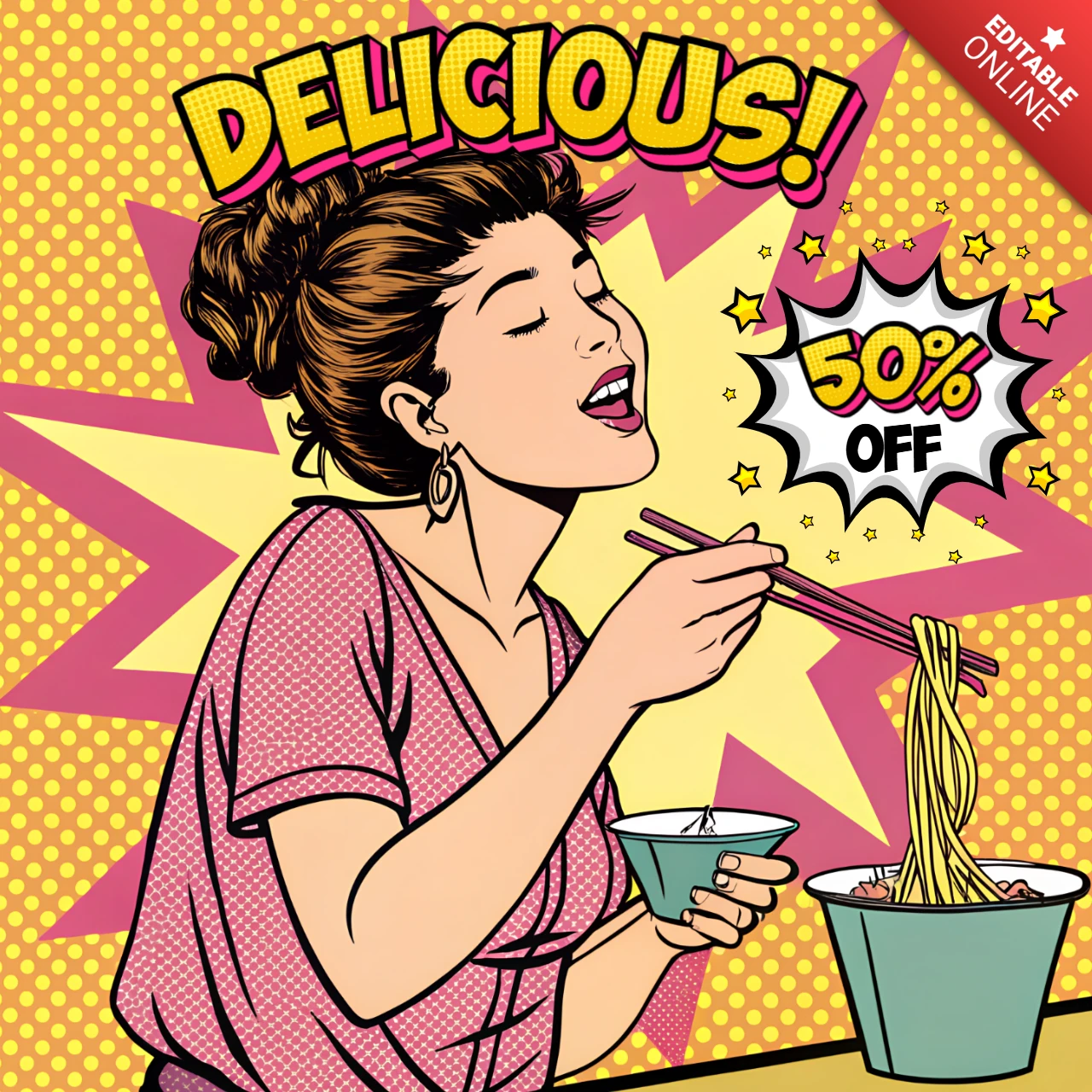 Pop Art Noodle Shop Promotional Template Design with Delicious Food Theme