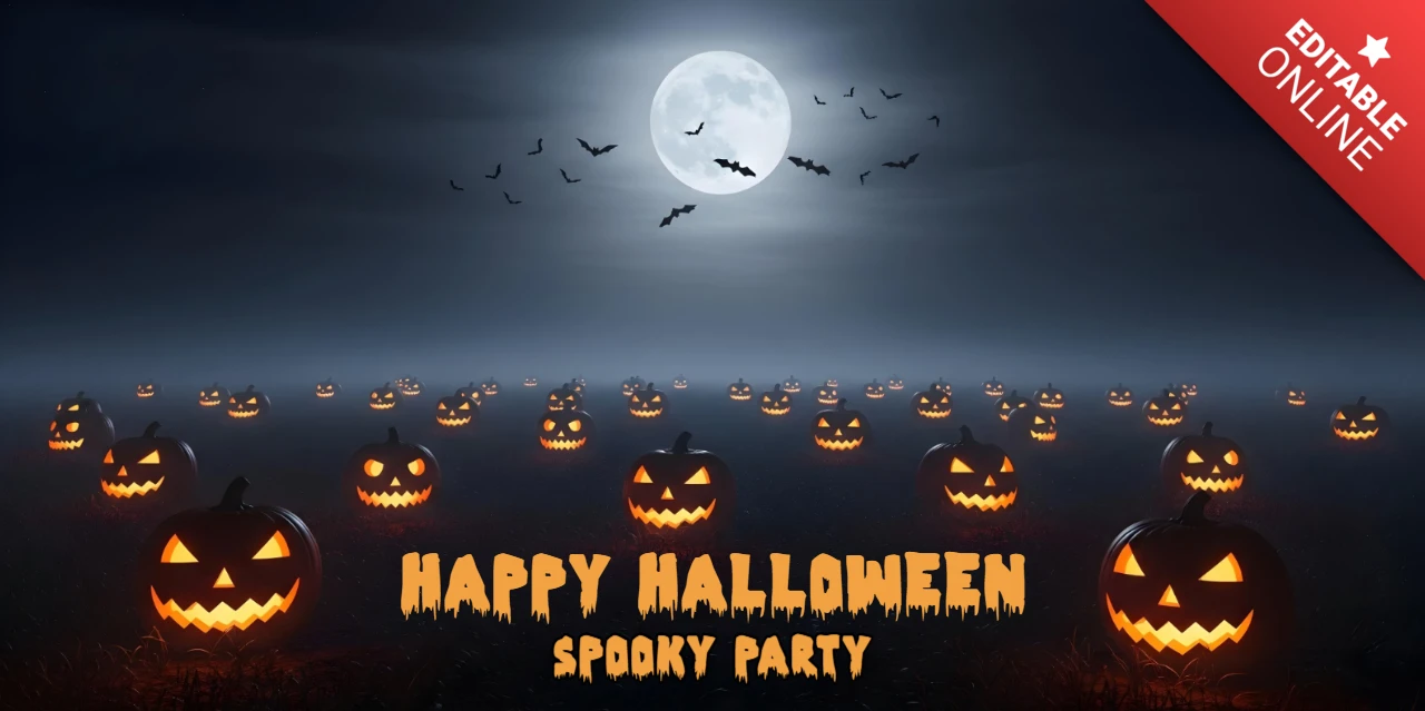 Halloween-Feier unheimliche Atmosphäre, leuchtende Gesichter & gruseliges Party-Facebook-Cover-Design-Vorlage