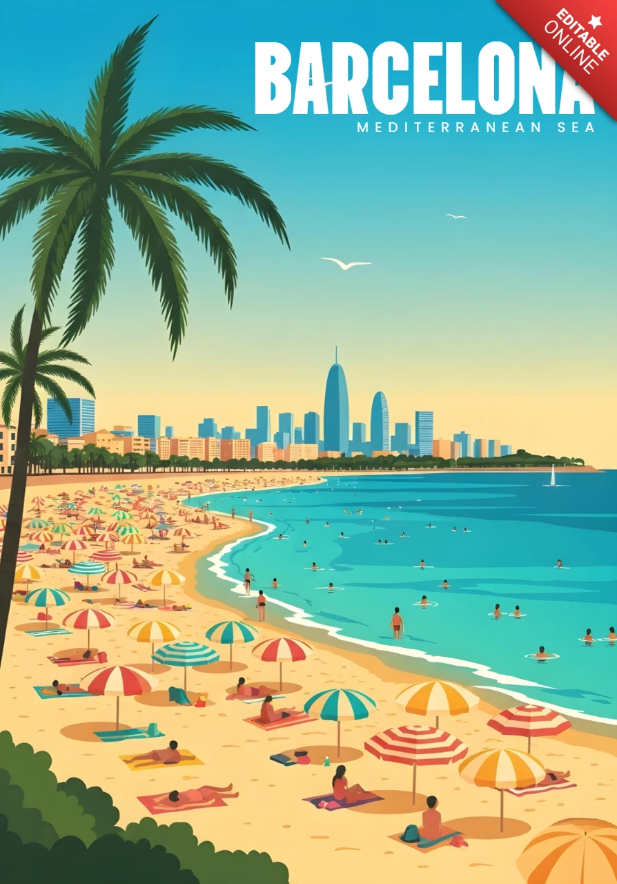 Spiaggia di Barcellona con ombrelloni colorati e modello di design per poster di viaggio con skyline della città