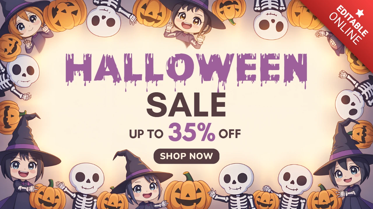Template di vendita di Halloween giocoso con personaggi cartoon carini e zucche per template pubblicitario