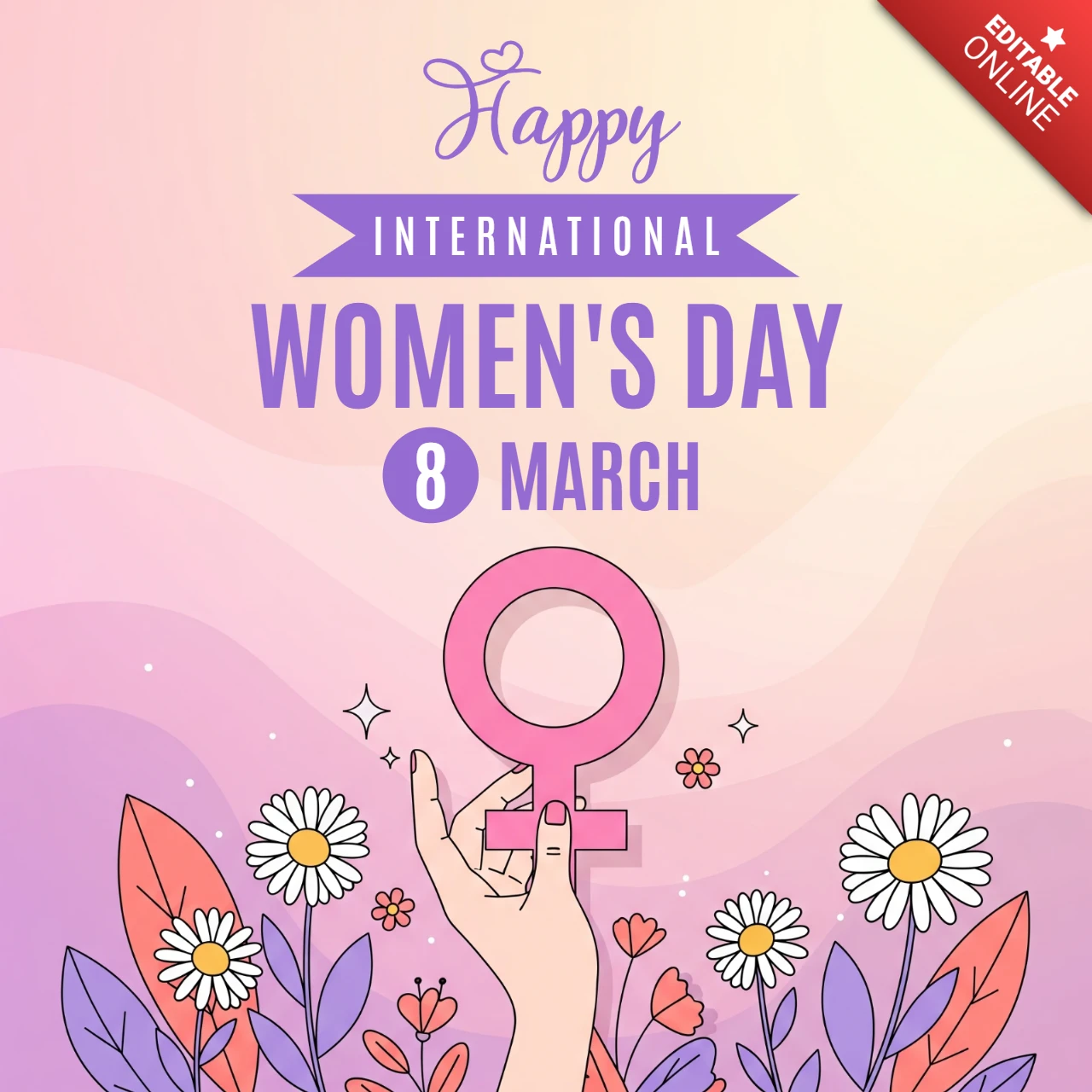 International Women’s Day Poster Design Template with Hand Holding Female Symbol and Floral Decorations