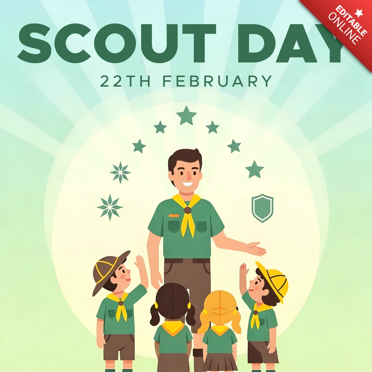 Scout-Tag-Feier-Designvorlage für Flyer mit Kindern in Uniformen