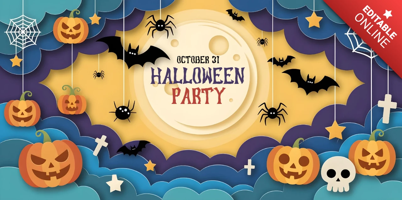 Halloween-Party-Papierausschnitt-Mond, leuchtende Kürbisse & Einladung zum 31. Oktober YouTube-Cover-Design-Vorlage