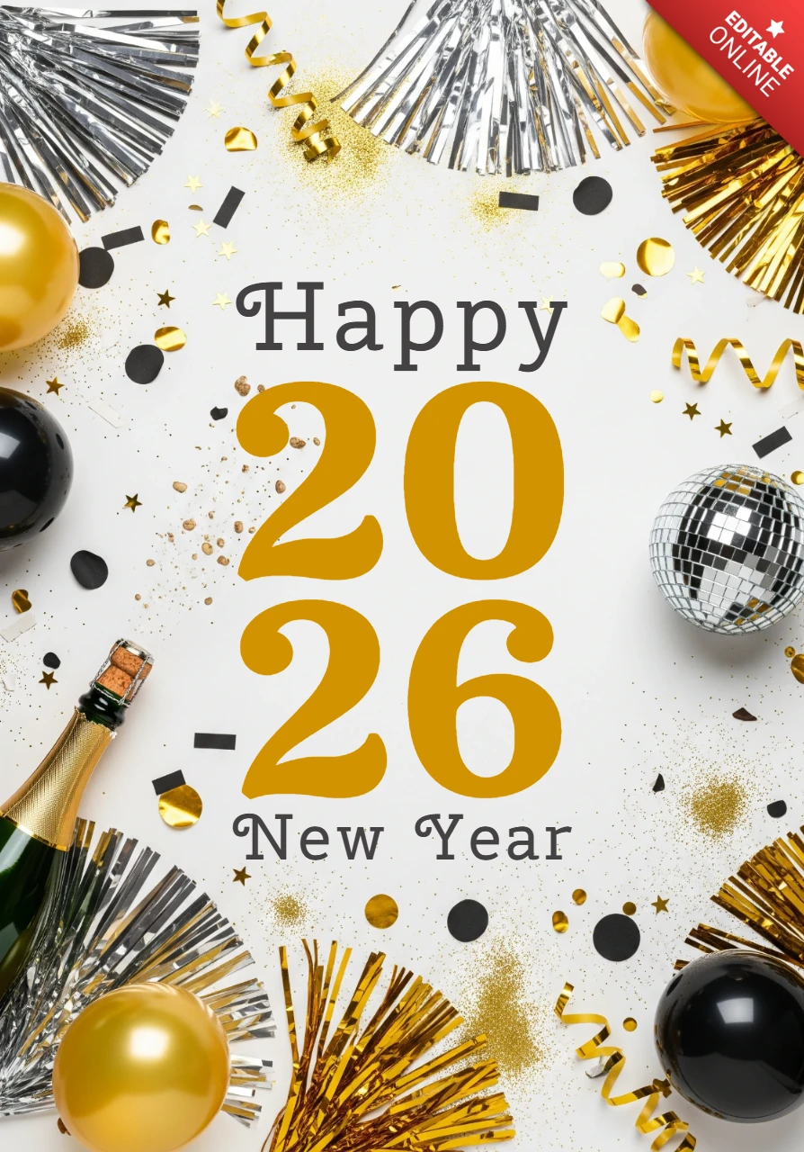 С Новым годом 2026! Открытка с черным фоном, золотыми шарами, диско-шаром, вечеринными шляпами и бутылкой шампанского.