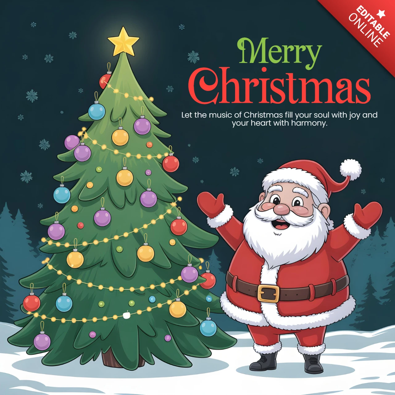 Feliz Navidad, Santa con árbol bajo un cielo estrellado y un saludo musical de alegría y armonía, plantilla de diseño de cartel.