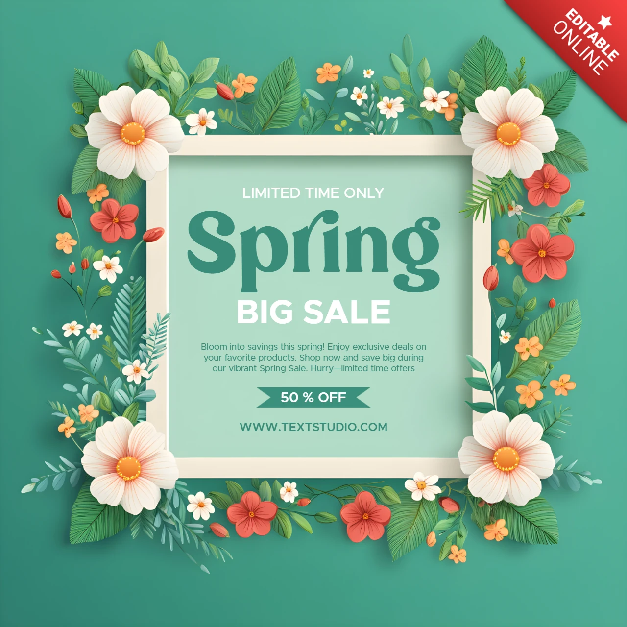 Spring Floral Sale Design Template - Vibrant Green Background with Flowers