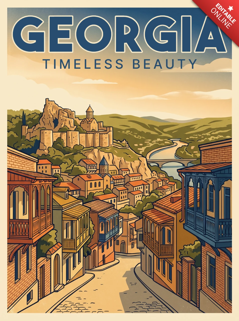 Georgia Retro Vintage Tourism Poster Timeless Beauty Scenic Architecture Fortress Church River Valley Mountains Sunrise Sunset Artwork