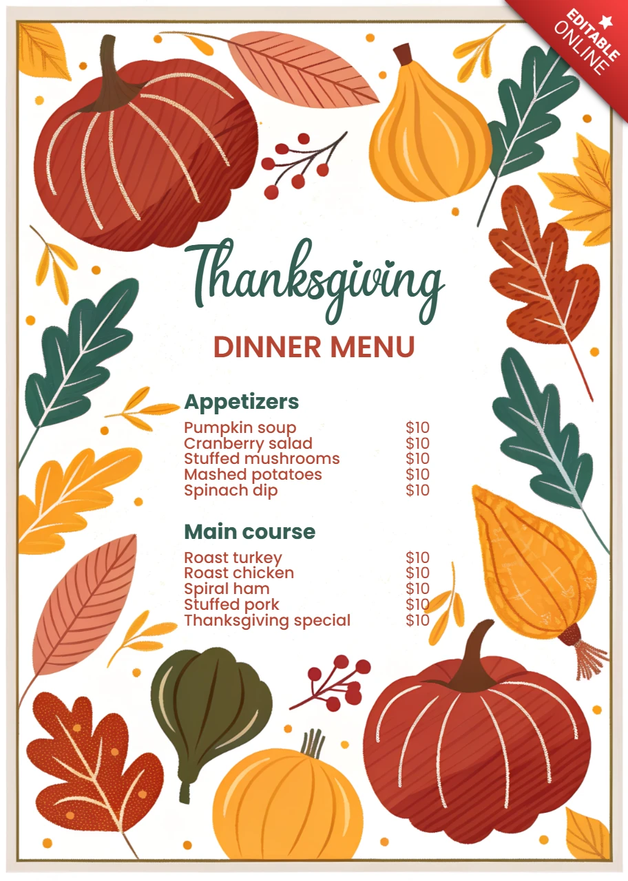 Modèle de menu de dîner de Thanksgiving avec des feuilles d'automne et des citrouilles pour des événements festifs