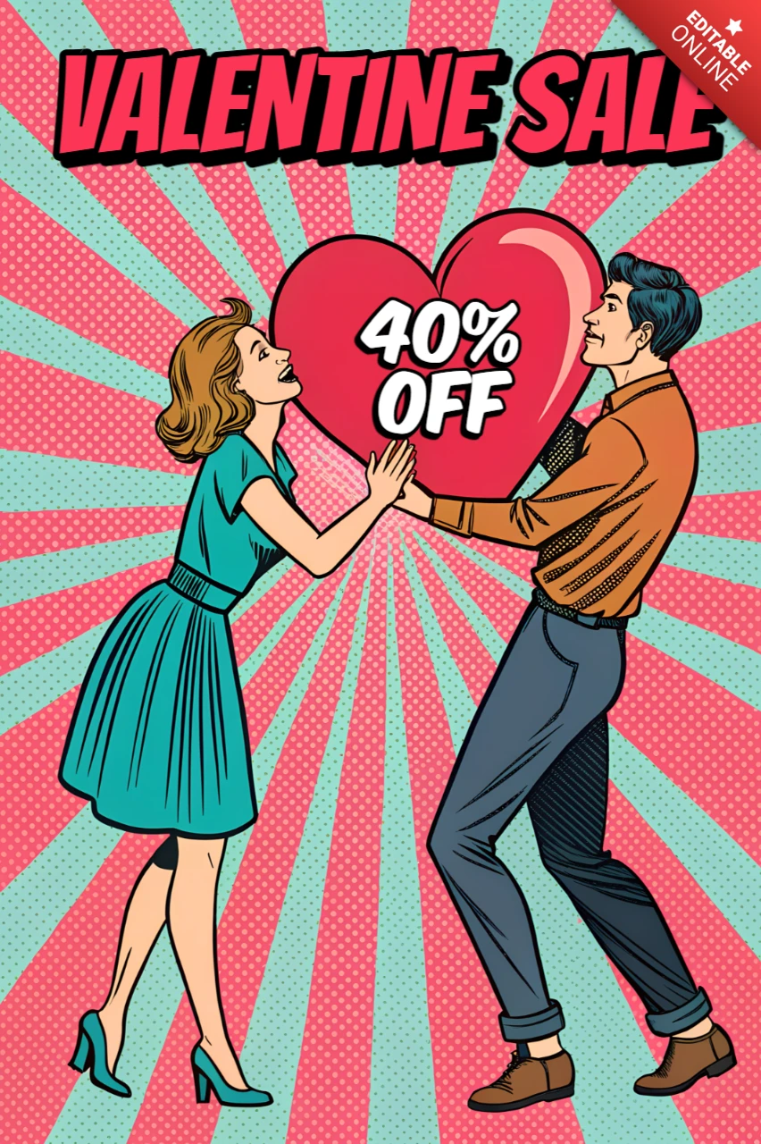 Modèle de vente de Saint-Valentin pop art avec graphique de cœur pour des flyers promotionnels