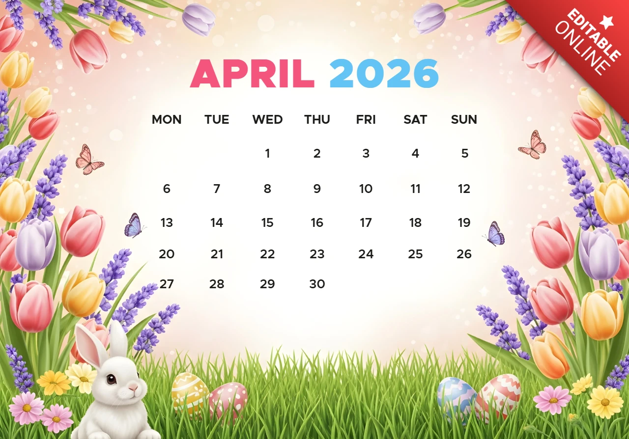 April 2026 Kalenderposter — Frühlingsblumen, Tulpen, Lavendel, Schmetterlinge, Ostereier und Osterhasenfeier-Thema