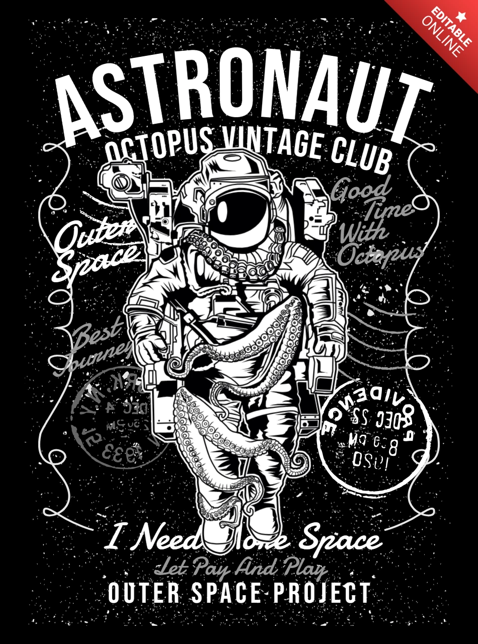 Astronaut Octopus T-shirt Design Template