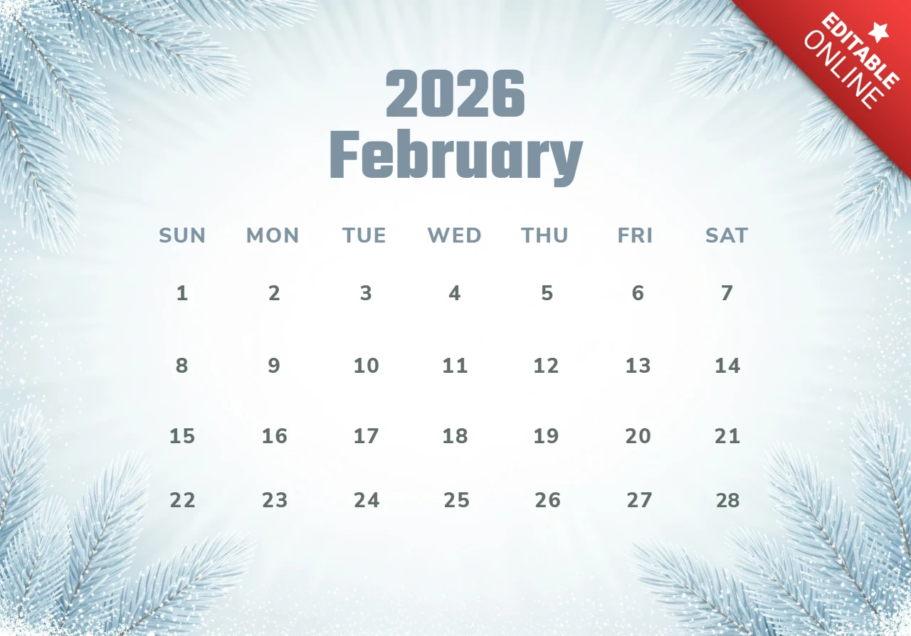 Affiche de calendrier de février 2026 avec un design de branche de pin gelée, un éclat bleu clair et une typographie élégante.