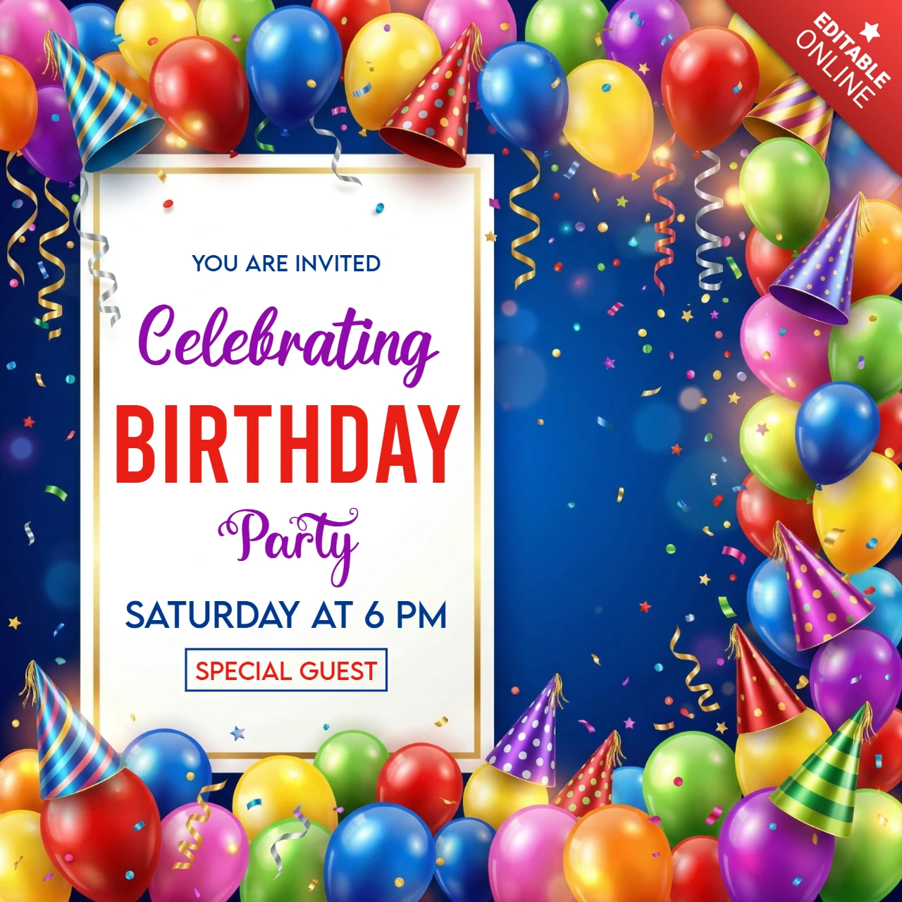Póster de celebración de cumpleaños feliz fondo azul con globos, gorros de fiesta y anuncio de evento alegre