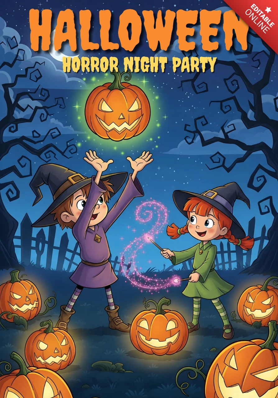 Scena di incantesimo magico di Halloween con zucche luminose, luna piena e alberi contorti, modello di design per volantini festivi.