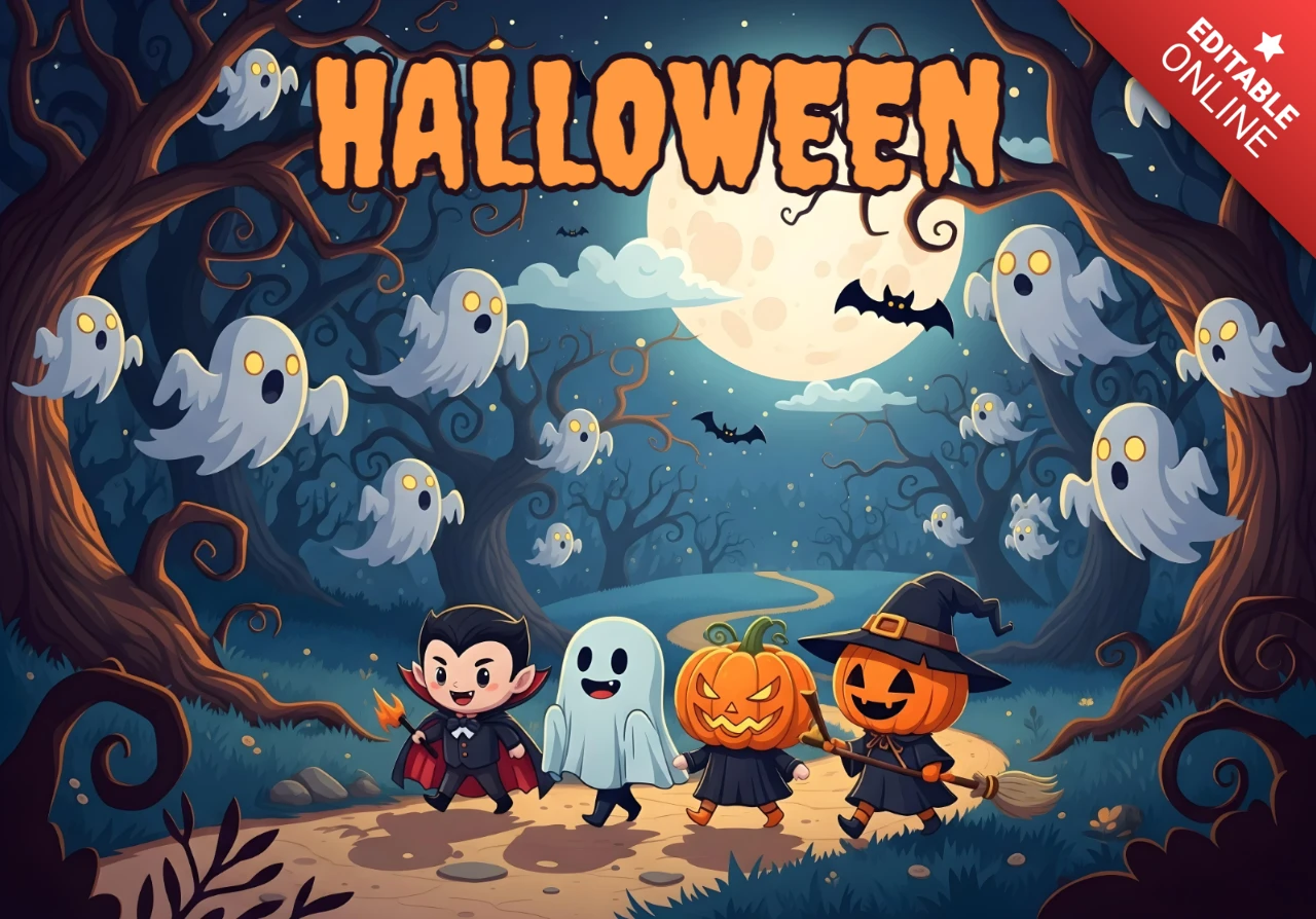 Spooky Halloween Haunted Forest Scene with Costumed Children, Flying Bats & Glowing Ghosts Design Template for Festive Flyers