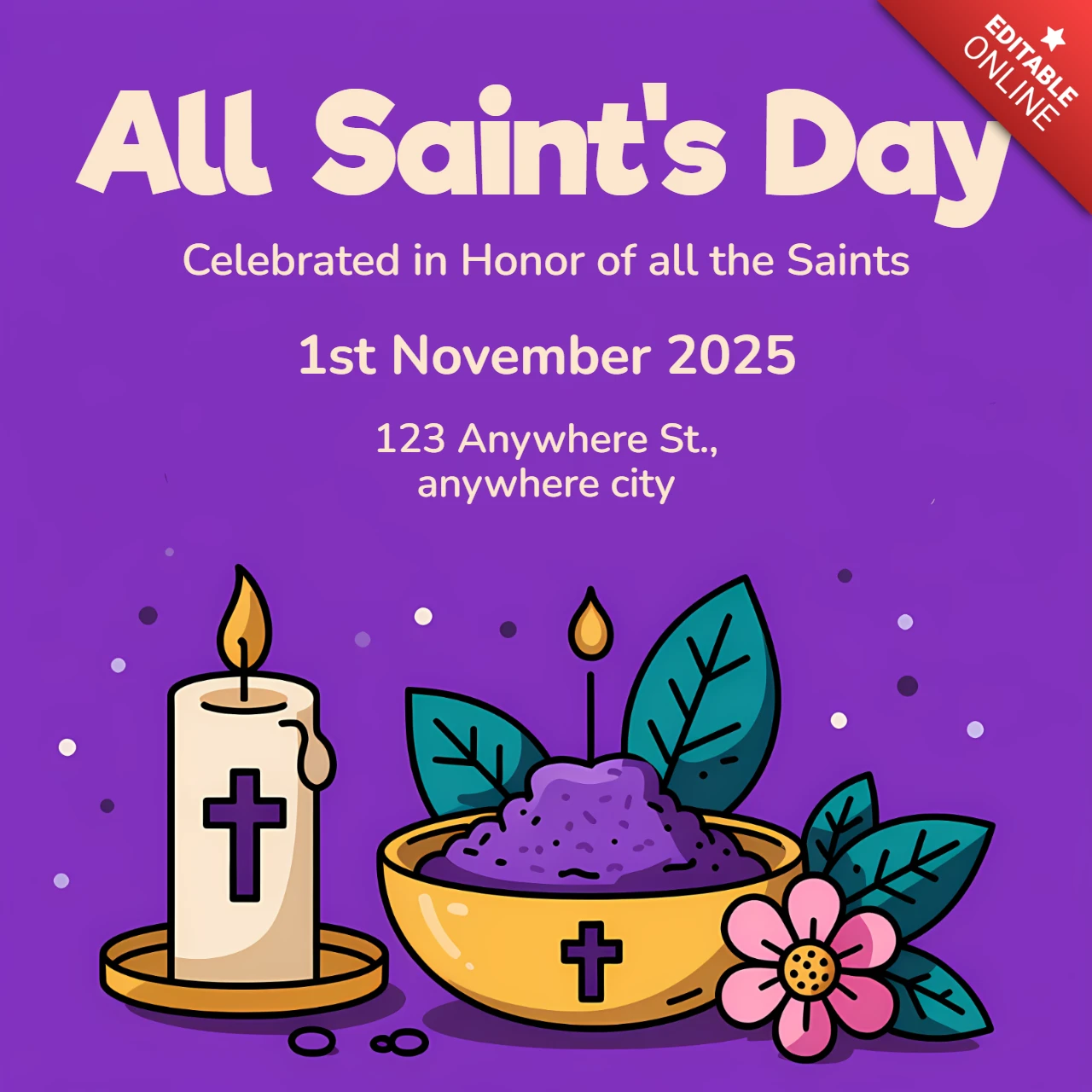 All Saints Day Celebration Template with Candle and Floral Design for Event Invitations