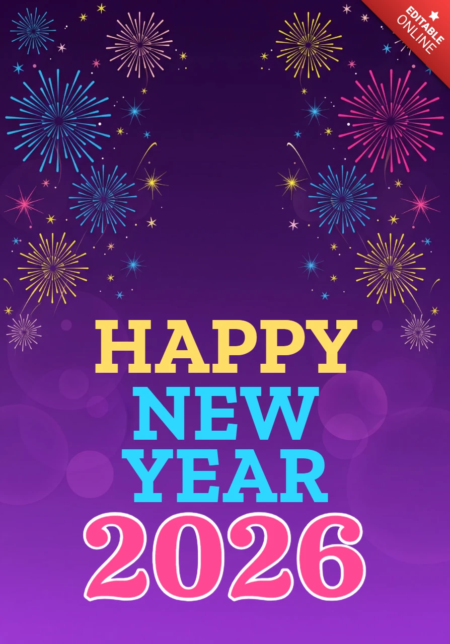 New Year 2026 Greeting Card Purple Sparkle Theme with Multicolor Fireworks and Bold Celebration Message