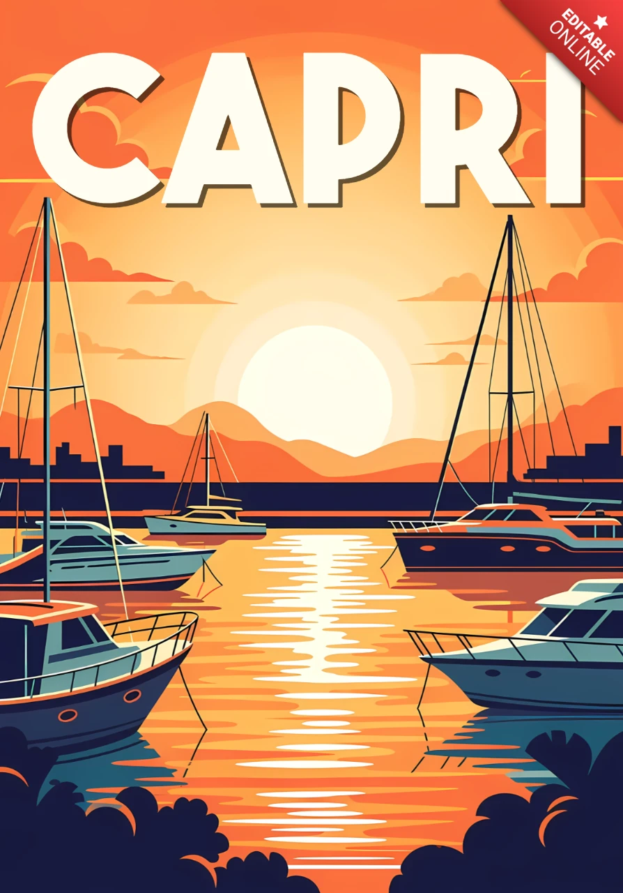Template de design de pôr do sol retro capri para cartazes de viagem