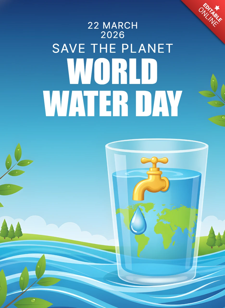 Cartel del Día Mundial del Agua ecológico con vaso de agua, gota de grifo e ilustración de la tierra.