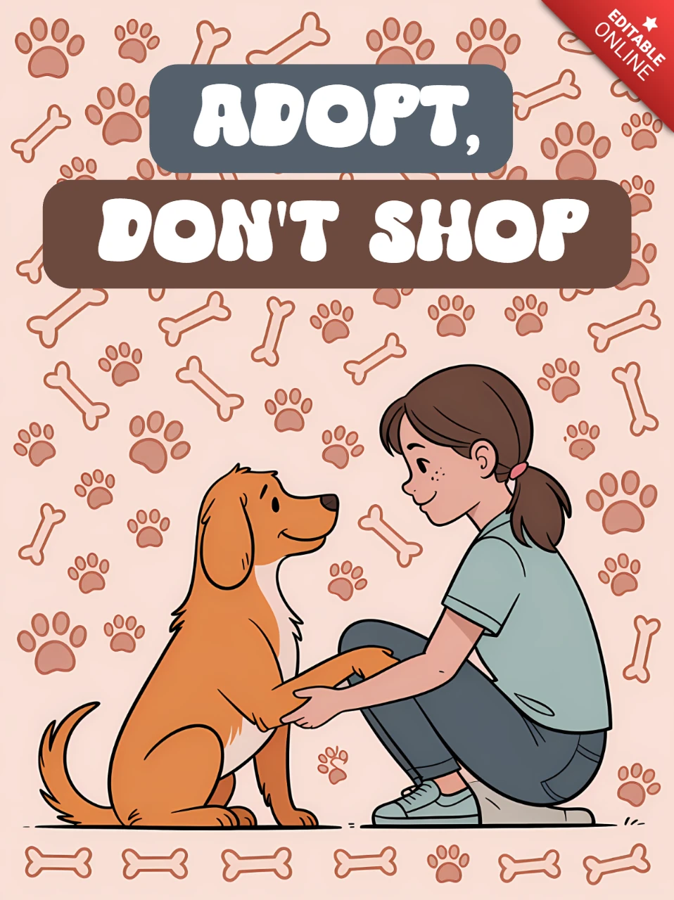 Adopta, no compres, diseño de plantilla para carteles de adopción de perros.