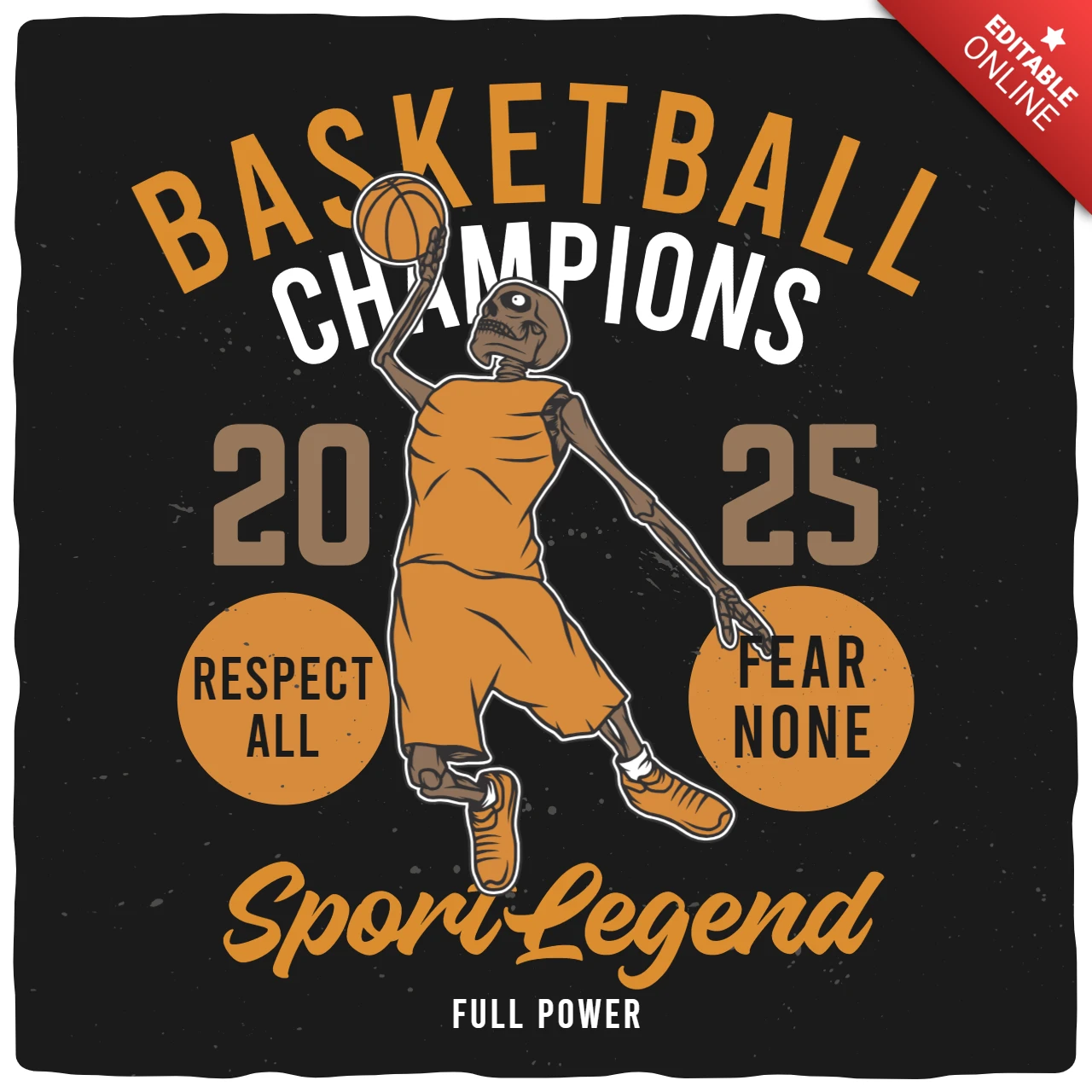 Plantilla de diseño de camiseta esqueleto de campeones de baloncesto