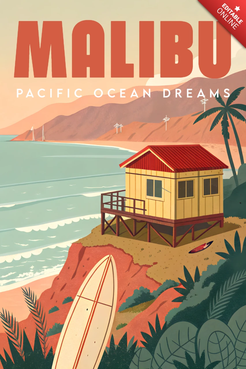 Küsten-Retreat-Designvorlage für Poster mit tropischem Strandhaus und Surfbrett