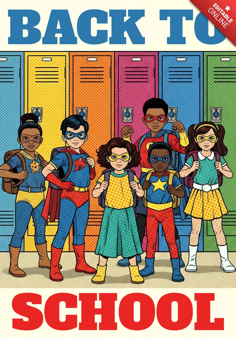 Affiche de design avec des étudiants super-héros de retour à l'école se tenant devant des casiers colorés avec des capes et des masques.